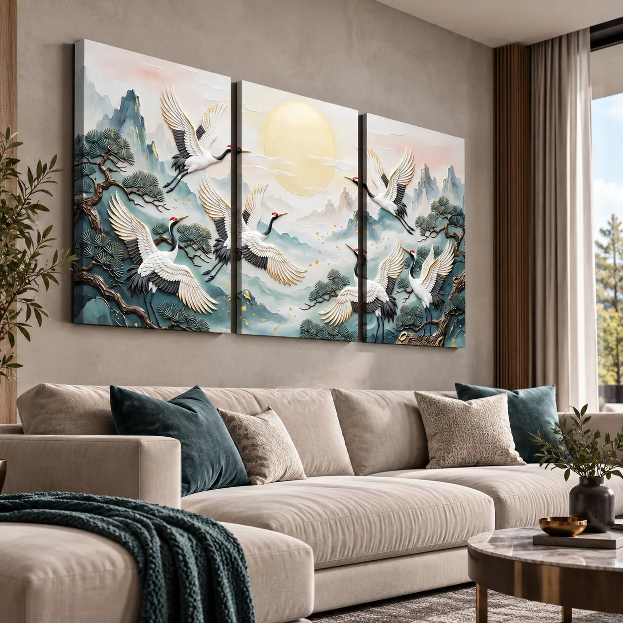 Elegant Crane Birds 3-Panel Canvas Wall Art - Image 2